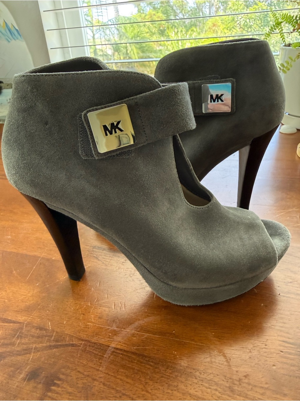 MICHAEL Michael Kors Gray Suede Peep-Toe Ankle Booties with MK Plaque